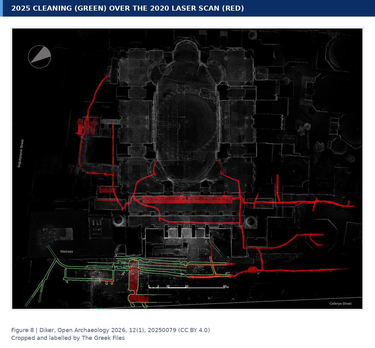 Plan of Hagia Sophia with the 2020 laser-scan survey of underground passages in red and the structures found in the 2025 cleaning in green