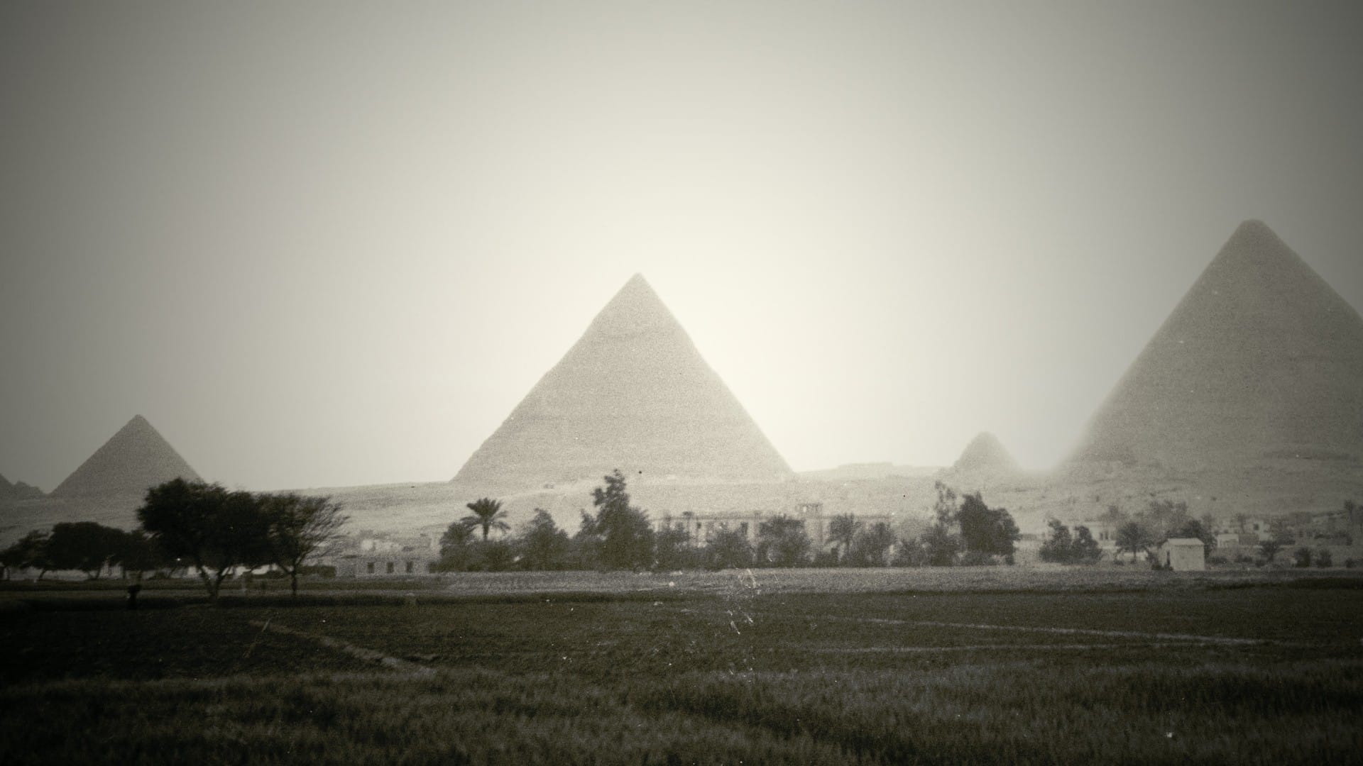 The pyramids of Giza at evening in a photograph from around 1900