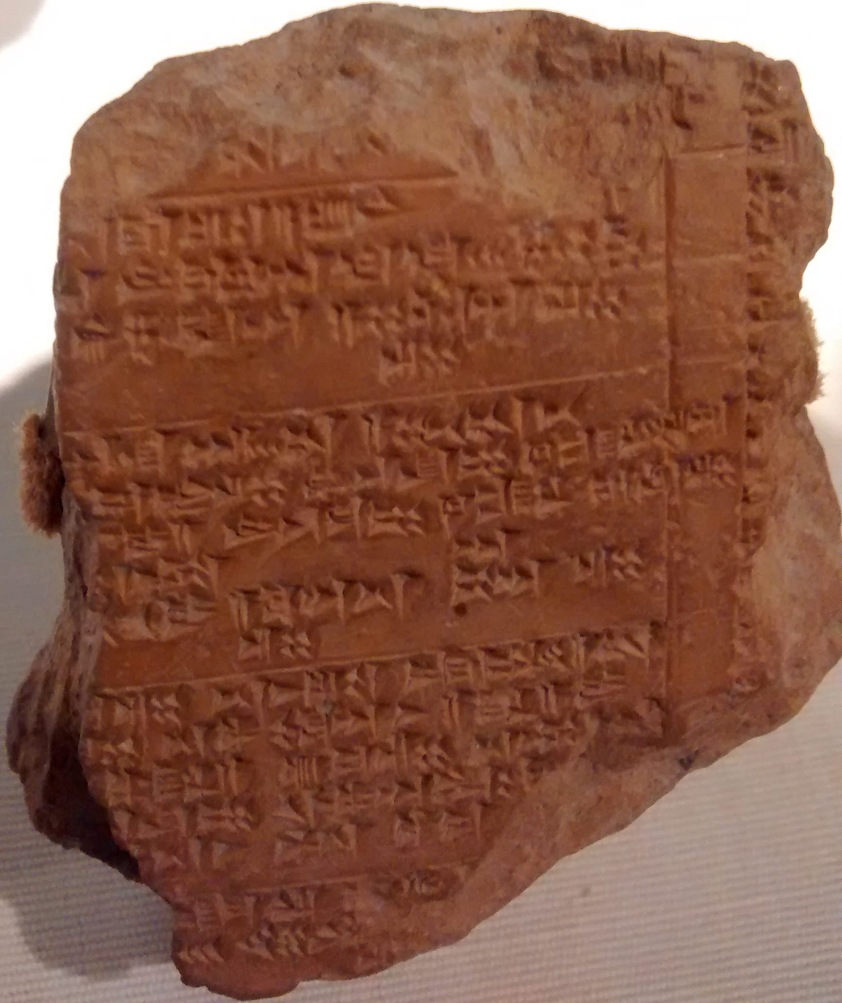 A close-up photograph of a Hittite cuneiform clay tablet on museum display