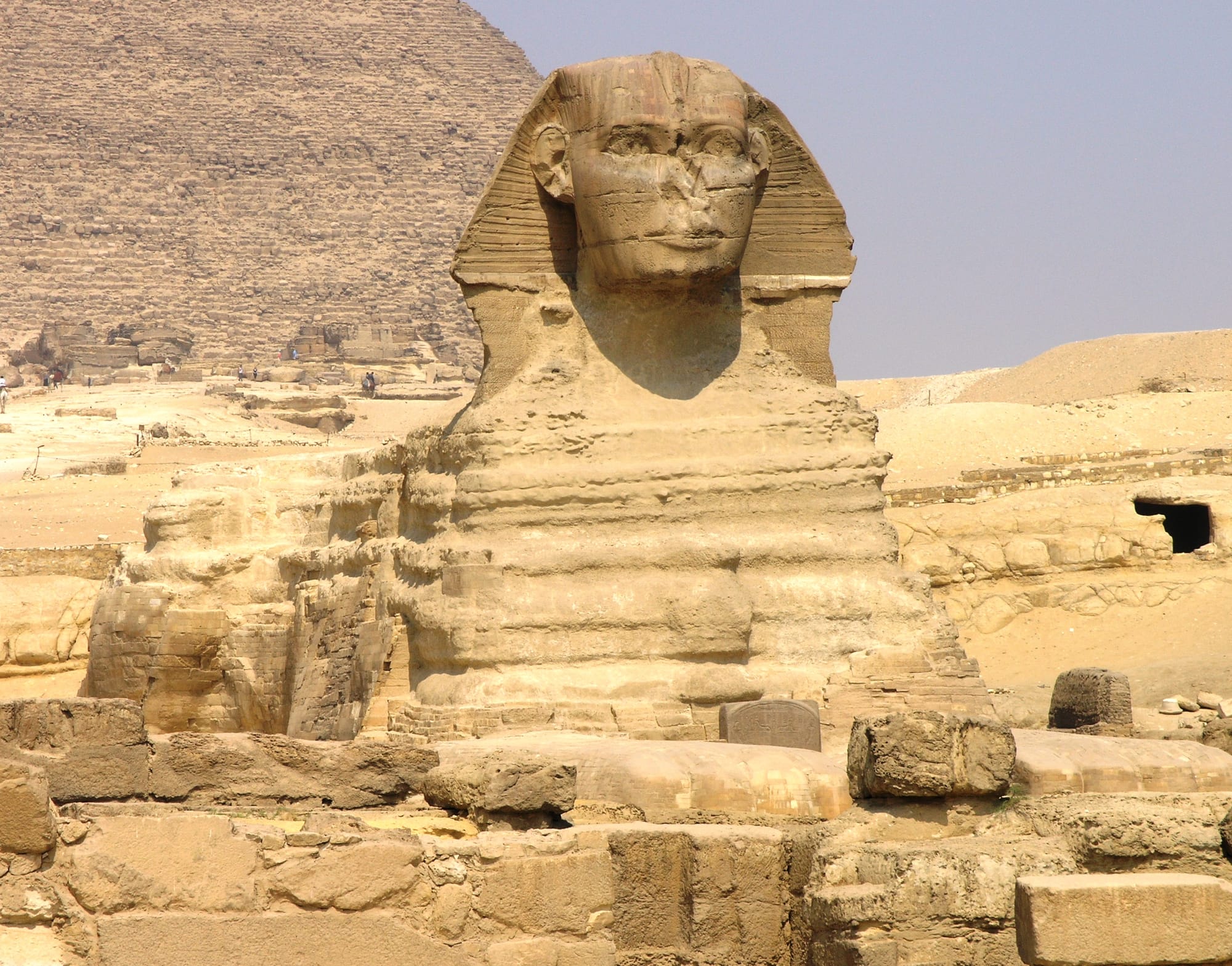 The Great Sphinx of Giza seen from the front, showing the face and the damaged nose area