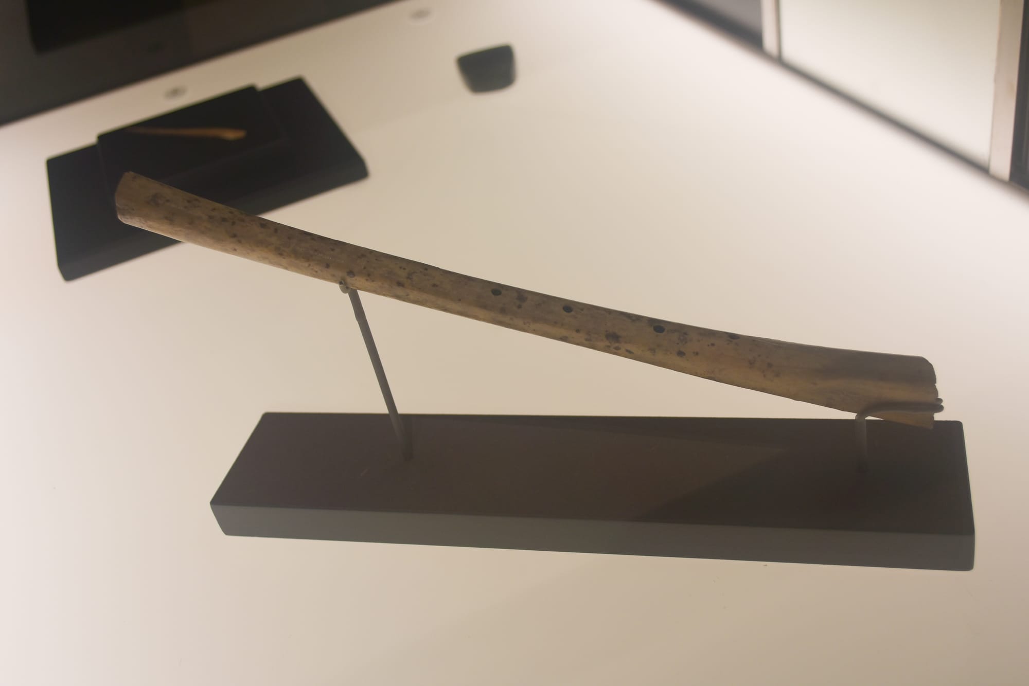 A Neolithic bone flute, about 6200–5300 BC, from Sang-i Chakmak, Semnán (Iran), shown in the exhibition Irán, cuna de civilizaciones at the MARQ. It is not the Troy find.