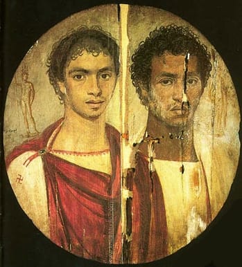 The Tondo of the Two Brothers, a round painted wooden panel of two young men side by side